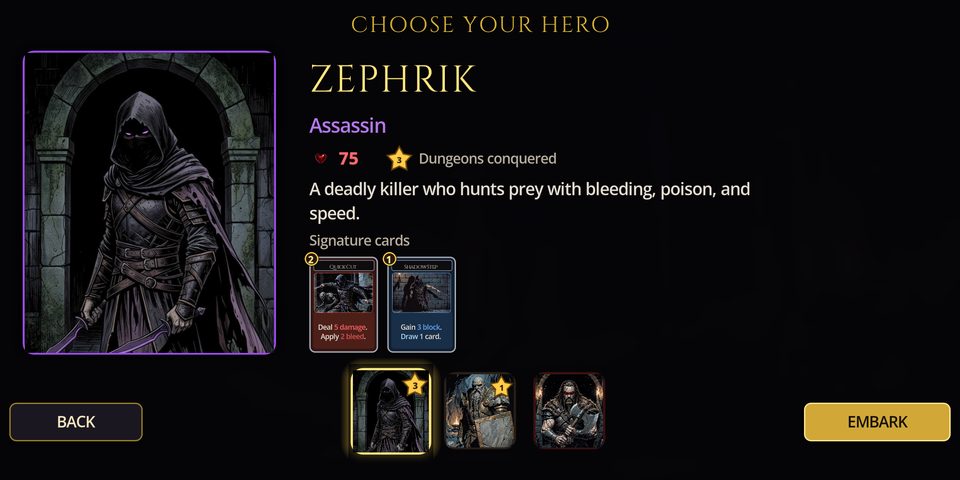 Zephrik'in seçili olduğu kahraman seçim ekranı